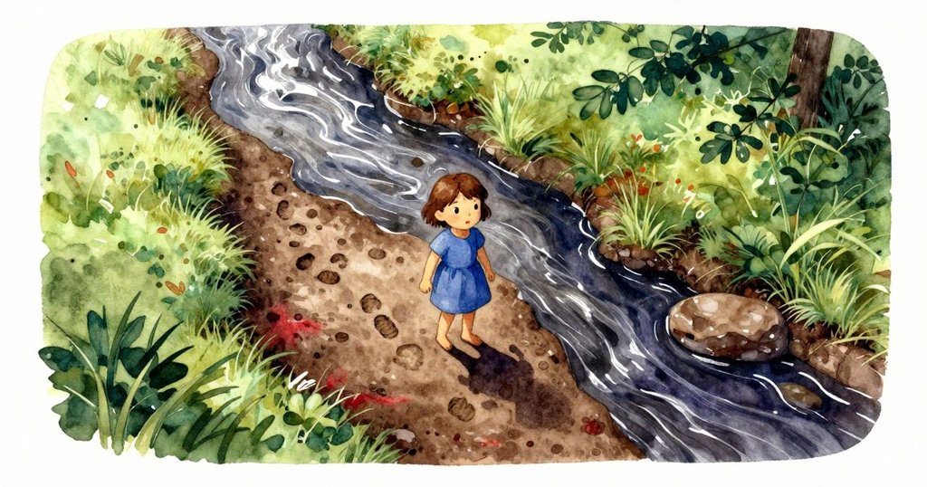 Keira站在小溪旁，高空俯瞰泥濘靴印與自然景致，陽光普照，展現好奇與期待的情感。