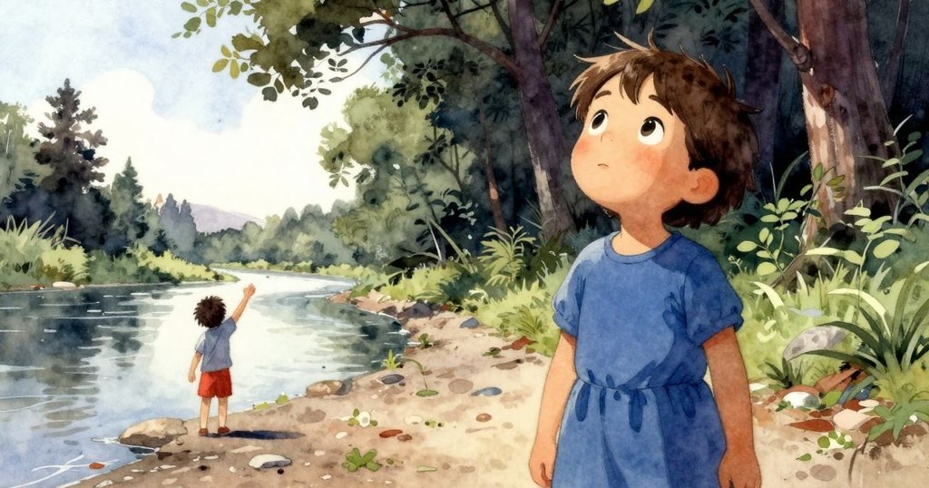 Keira從低角度望向上方，臉上流露驚奇與思索，在光影交錯的小溪邊聽到遠處朋友的呼喚。