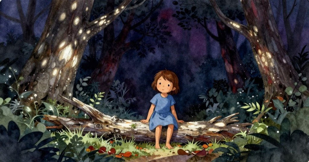 Keira在倒下木頭下發現隱秘角落，細看捲曲樹皮與輕飄纖維，充滿探索與驚喜，場景靜謐。