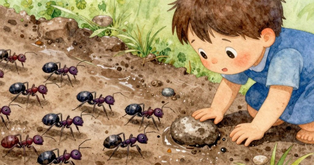 微距鏡頭捕捉螞蟻團隊跨越小石頭，展現互助與喜悅，細膩呈現黏土與自然生機的美好。