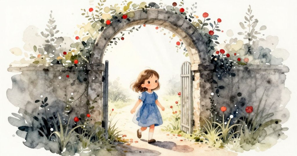 伊爾莎走進充滿晨光的後花園，輕鬆步伐中發現路上落著小種子莢，展現出充滿好奇的神情。