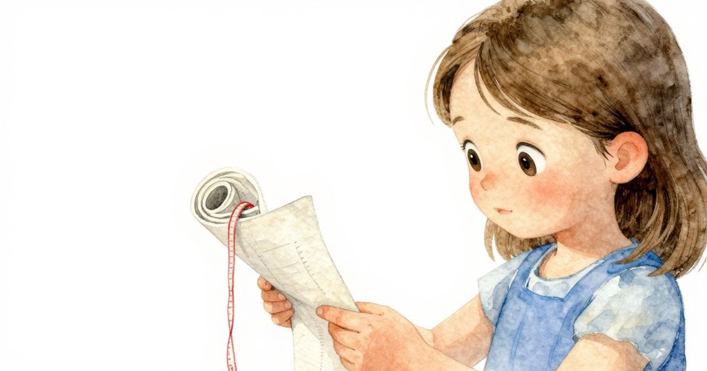 伊爾莎專注地用細線測量展開的紙頁，手勢細膩，紙張質感清晰，展現探索與求知的情懷。