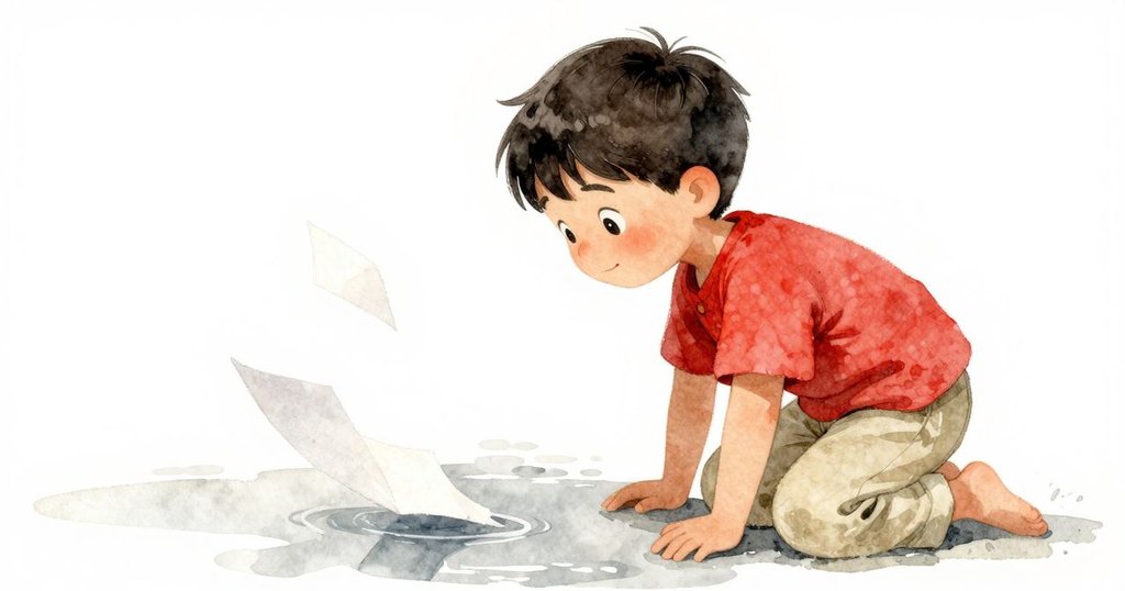 揚尼克靜坐在後階，紙頁隨微風飄向小水灘，水面映出淡淡影像，氛圍神秘而柔和。