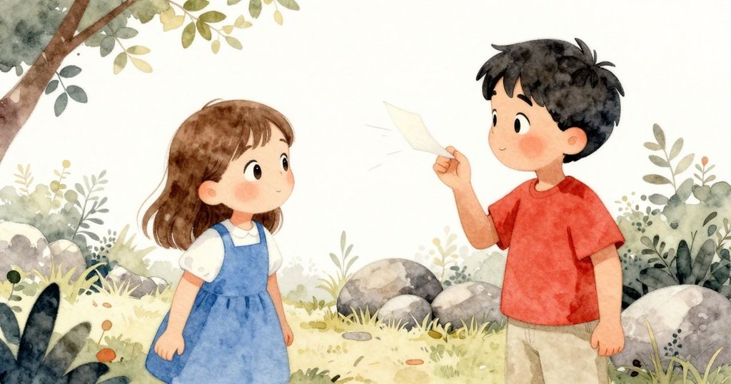 伊爾莎溫柔地將平滑石頭放在葉旁以固定紙頁，揚尼克微笑注視，晨光與微風交織出溫暖自然氣氛。