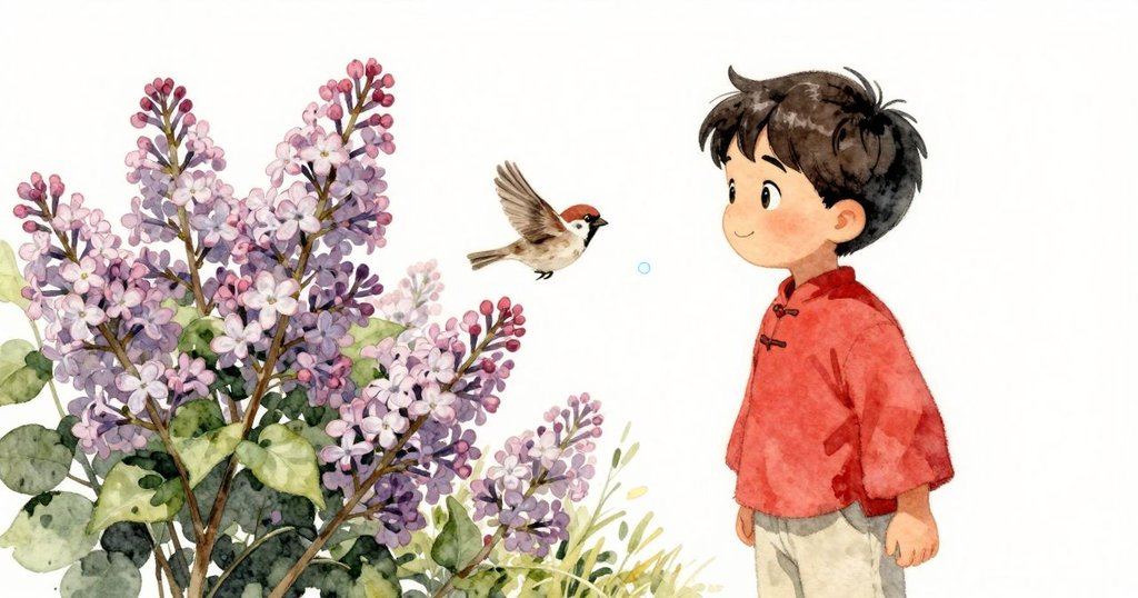 揚尼克驚喜地注視藍光月亮貼紙，鴿子在高高的紫丁香旁輕舞，畫面充滿發現與驚艷情感。