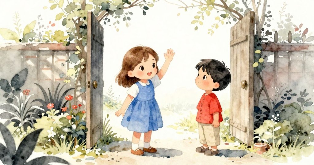 伊爾莎與揚尼克在花園出口揮手告別，背景展現廣闊自然景致，日光漸弱營造溫柔結局情感。