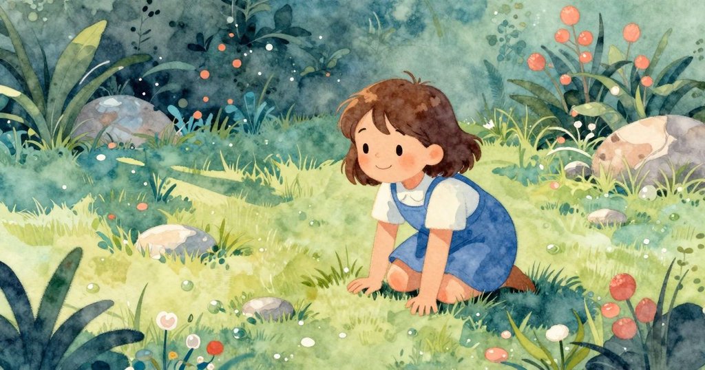 Cora在濕潤草地上蹲著，清晨陽光映照石頭，她充滿專注與好奇，背景為寧靜戶外花園