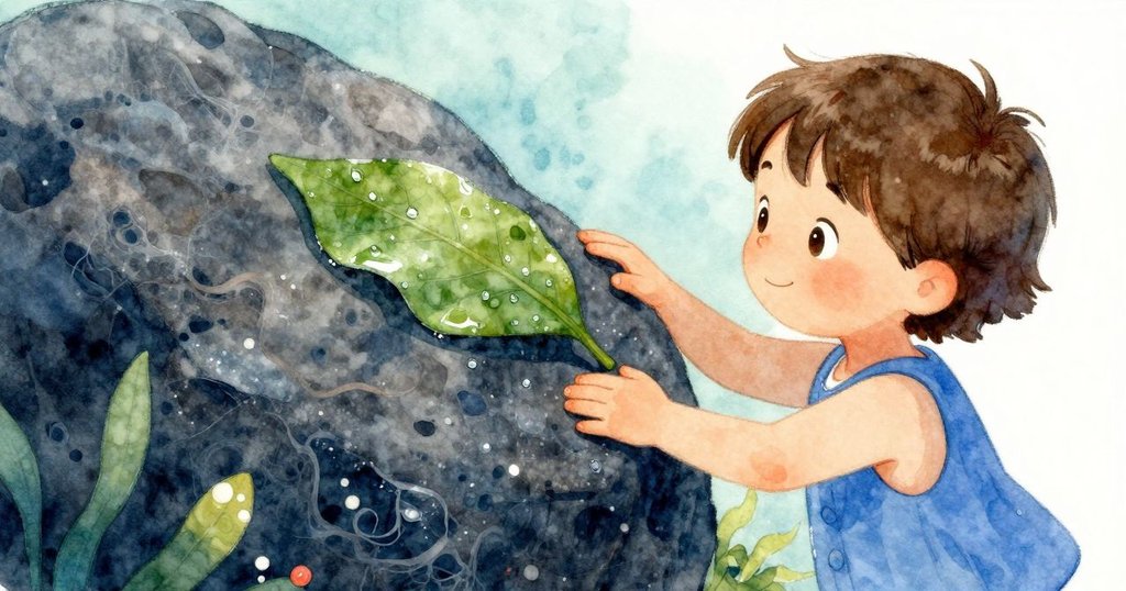 Cora小心提起一片濕潤葉子，露珠閃爍於葉面與石頭上，她的手中充滿細膩溫柔觸感