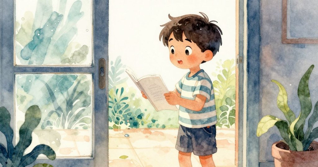 Zev坐在後院台階旁透過玻璃認真閱讀草圖，玻璃反射出溫暖光線，他神情專注且充滿期待