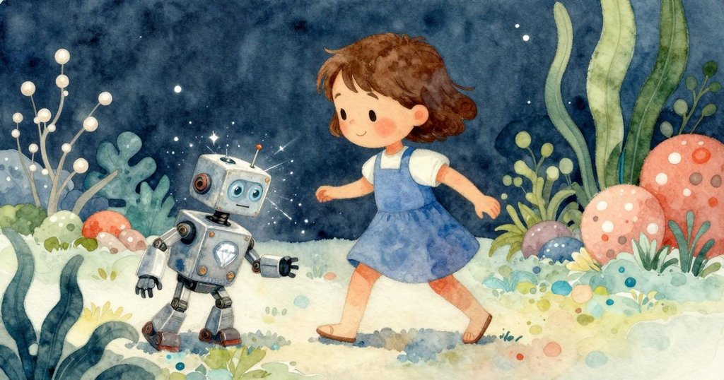 Cora輕輕移開石旁玩具機器人，露出金屬上如玻璃般閃耀的鑽石形痕跡，水流與融冰細節突顯時刻變化