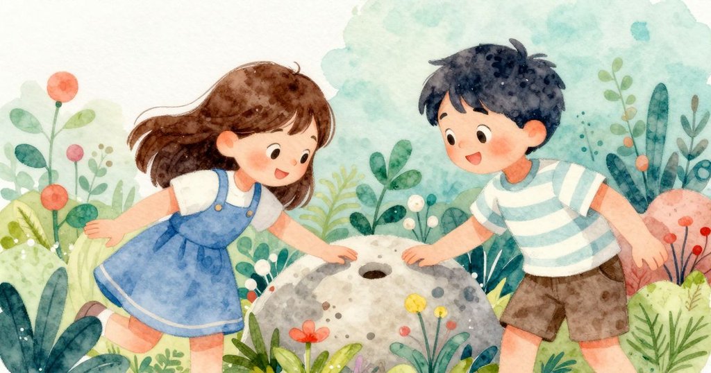 Cora與Zev在花園中快樂交流，彼此展現興奮表情，共享發現神秘痕跡的喜悅，氛圍溫馨動人