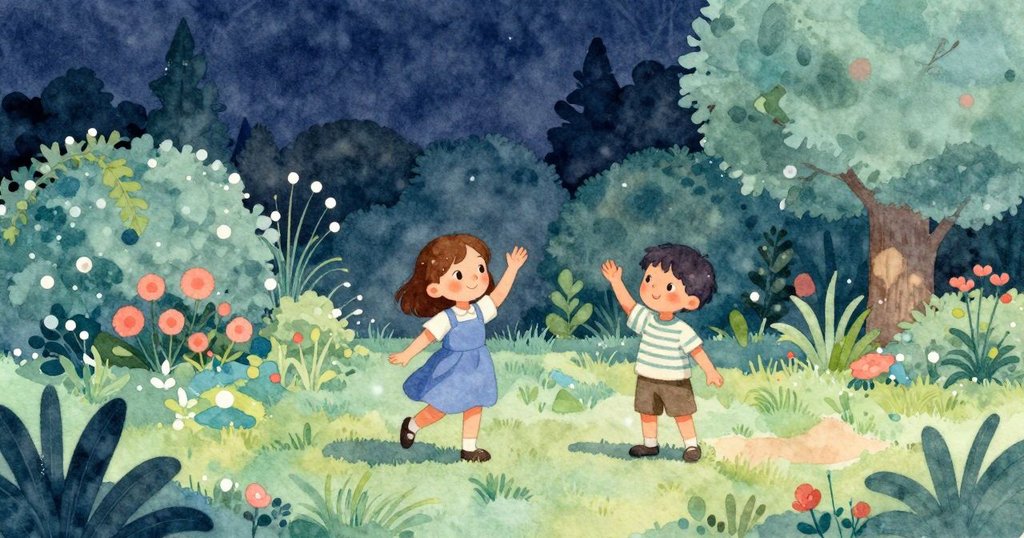 Cora與Zev在柔和夕光中向花園揮手告別，背影透露滿懷期待與溫柔情懷，庭園靜謐美麗