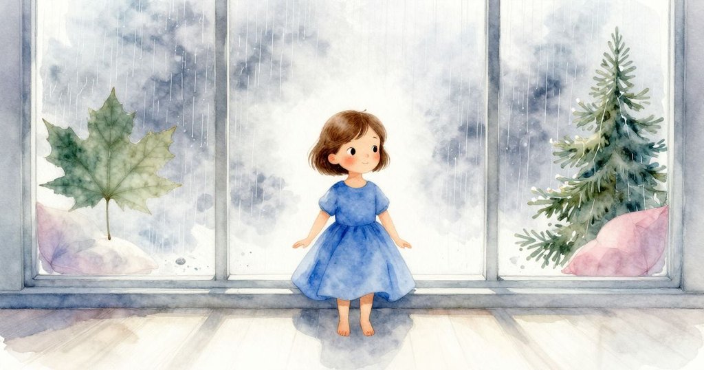 Lilac坐在室內靠窗的柔軟墊子上，窗上壓著一片楓葉，窗外灰雨紛飛，氛圍靜謐冷爽