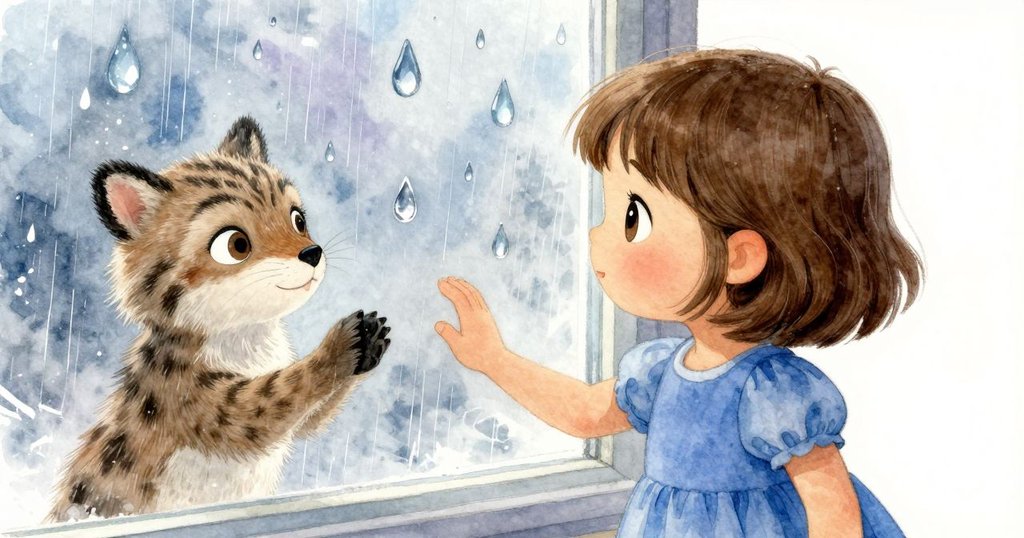 Lilac伸出手輕觸窗上急速滑落的水珠，細膩的波紋圍繞楓葉，展現出專注與好奇