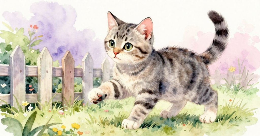 小貓咪在低矮籬笆旁嬉戲，搖動爪子濺起冷雨滴，從低角度呈現出生動好奇的場景