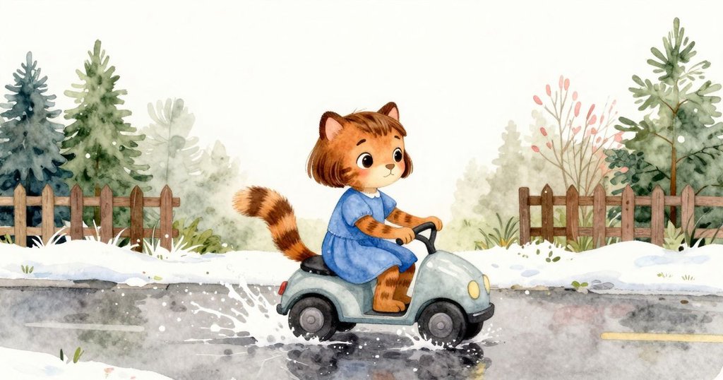 小貨車行駛在雨濕的街道上，車輪濺起的水花匯成一個寬闊水坑，水花觸及低矮籬笆，城市與自然交融