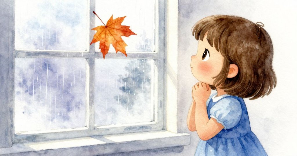 Lilac專注地注視著隨雨滑落的楓葉，臉上洋溢著驚喜與寧靜，窗外雨絲輕拂玻璃