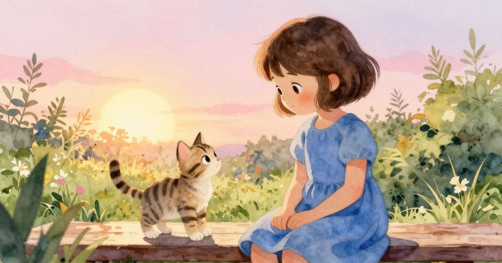 在溫暖夕陽下，Lilac與小貓咪在花園低矮長椅旁共享寧靜時光，平靜的楓葉映襯出柔和光影，結局溫馨