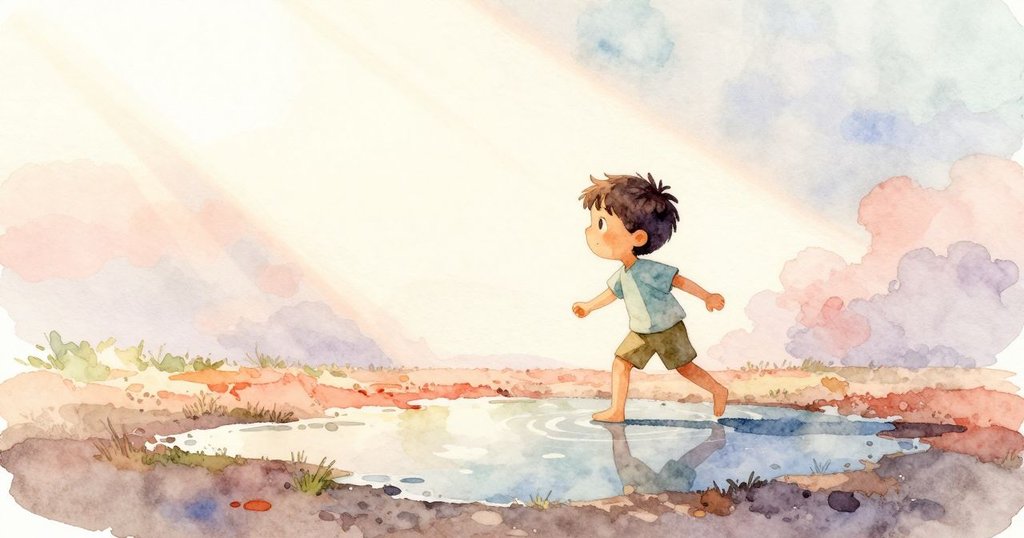 男孩Zev站在大水坑邊緣,用剪影呈現在清晨明亮空曠背景中,透露冒險與好奇心的開始。