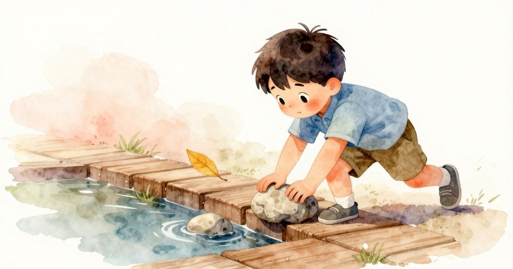 Zev在木階上放置石頭,風搖動黃色樹葉碰撞石頭,畫面分割呈現動作連續與互動。