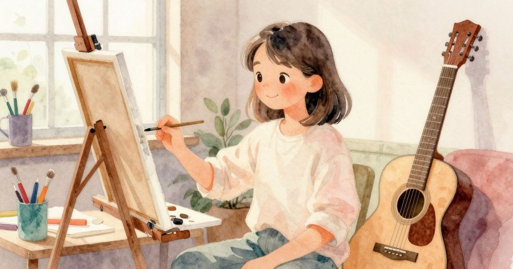 畫家在光線充足的工作室中微笑觀察外景,室內陳設及旁邊吉他表現藝術氛圍與靜謐。