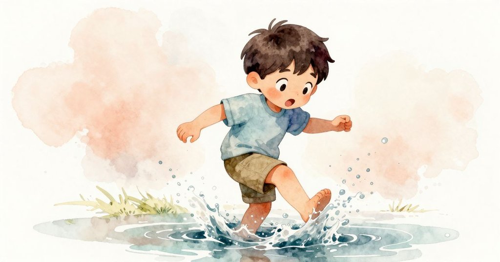 Zev踩入淺水坑中溅起水花,表情驚訝,動作連貫展現自然趣味與挑戰瞬間。