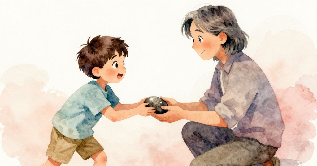 Zev將大小不一石頭整齊排列,與畫家交換特別深暗石頭,傳遞共融欣賞與溫暖互動。