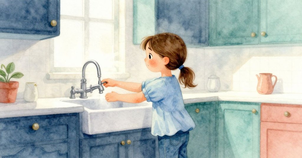 喬艾爾站在晨霧中的廚房裡，踩著凳子伸手觸碰冰冷水龍頭，神情專注，窗外晨光溫暖輕柔