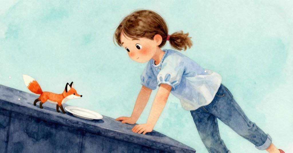 陶土小狐狸在櫃台上滑行，盤子輕響，視角傾斜增添動感，喬艾爾在背景中注視，表情微驚