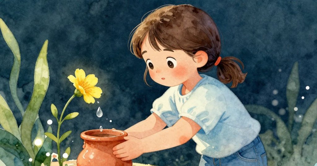 喬艾爾在窗邊仔細拿起陶罐，近景展示小黃花從泥土中探出，水滴融合，燈光溫暖柔和