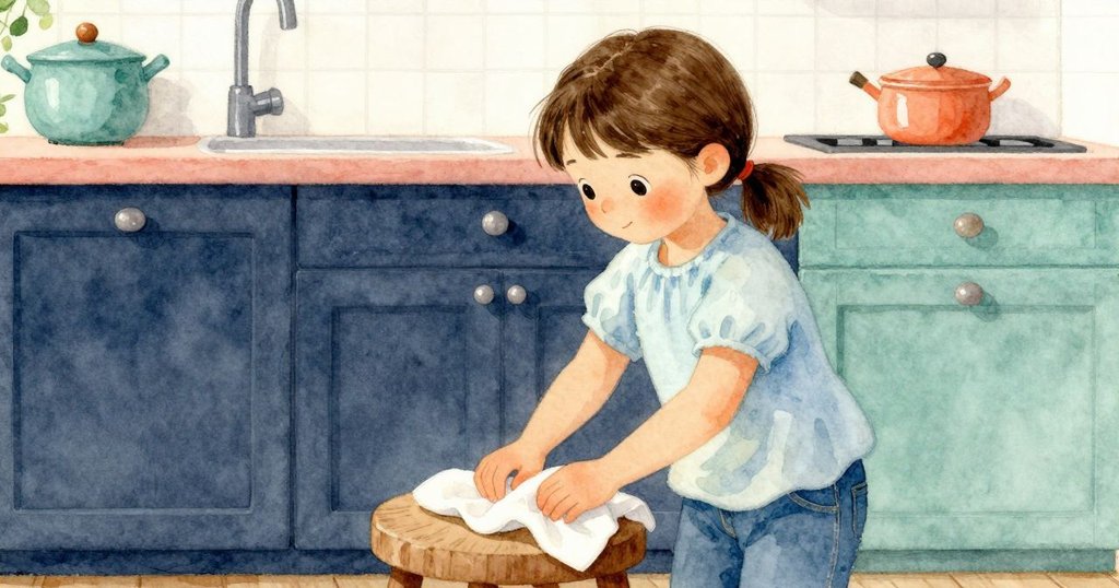 喬艾爾在廚房中細心整理濕棉布，與環境互動中顯露溫柔神情，努力穩定搖晃的凳子