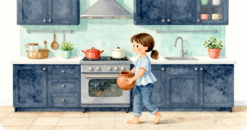 喬艾爾在寧靜廚房中舉起陶罐，水滴融匯如細語承諾，場景最終恢復家庭般的溫暖與安寧