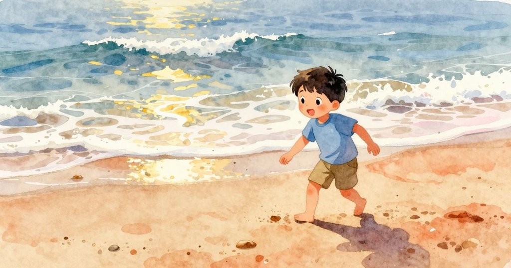 Gareth在明亮沙灘上漫步，感受海風吹拂，動作輕快，背景有遠處海浪，充滿陽光與好奇心