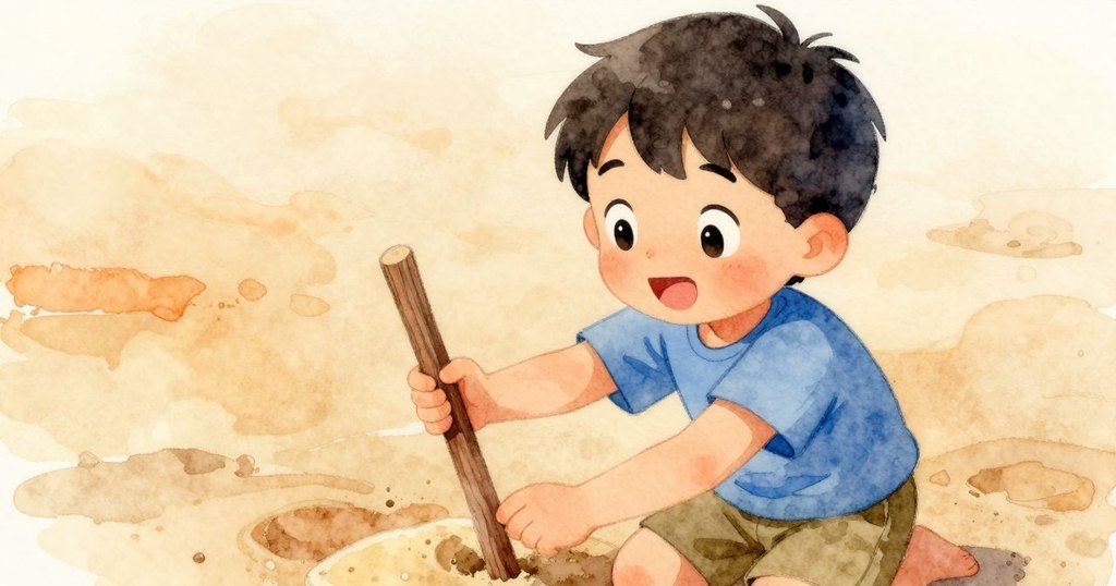 Gareth特寫面容展現好奇與愉悅，輕輕敲擊沙地，背景為柔和沙紋，情緒明朗