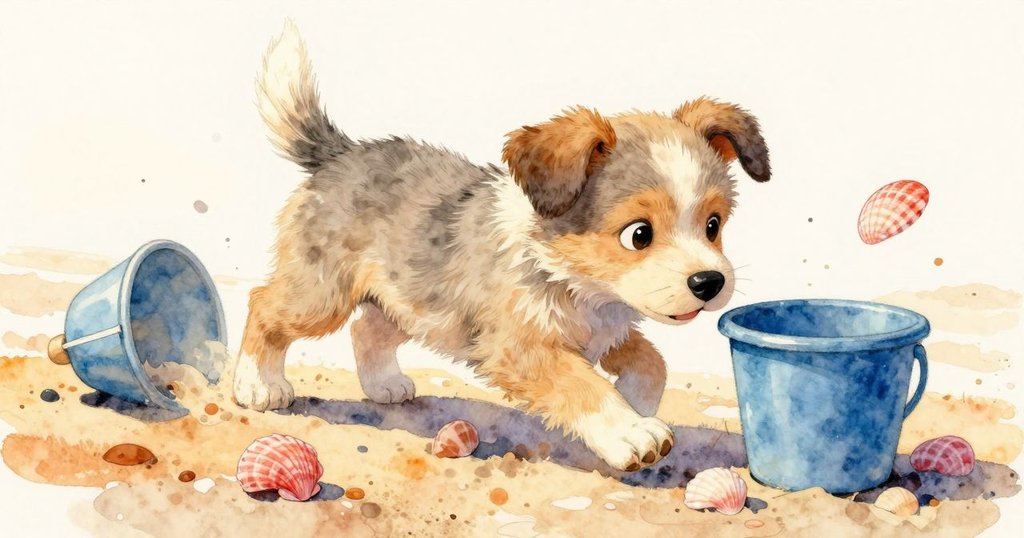 小狗從低角度看世界，興奮地聞著藍色水桶，沙灘上散落著五彩貝殼，動作活潑