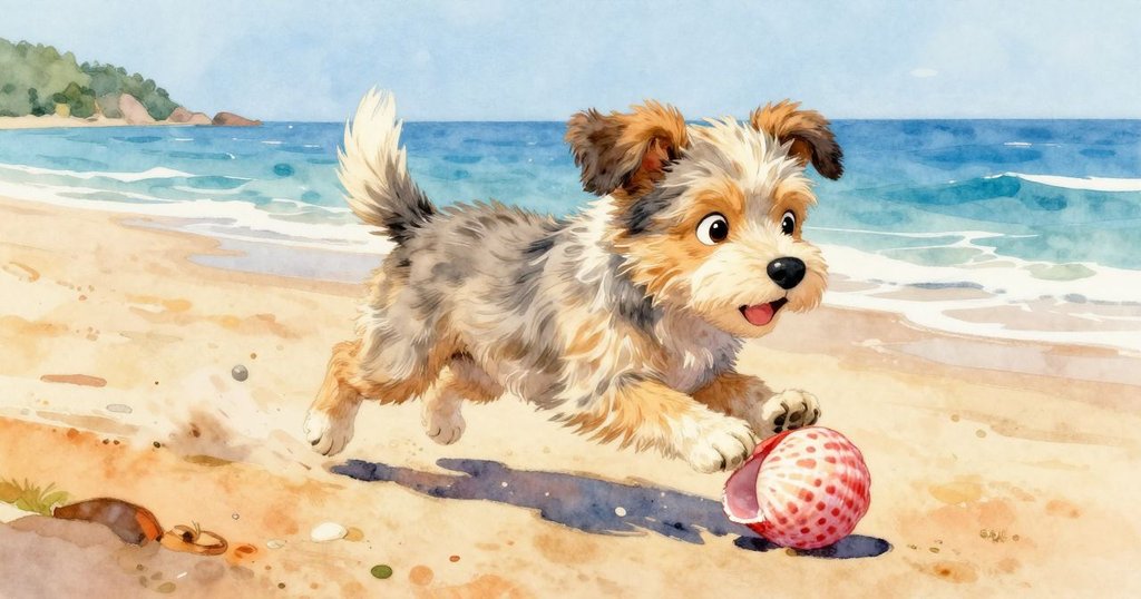 小狗在沙灘上追逐滾動的貝殼，奔跑中充滿活力，背景海光閃爍，情節急速展開