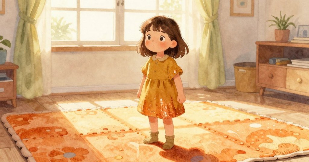 妮娜站在彩色遊戲墊上，清晨柔和光線映照，神情平靜，房間溫暖，展現探索開端的氛圍