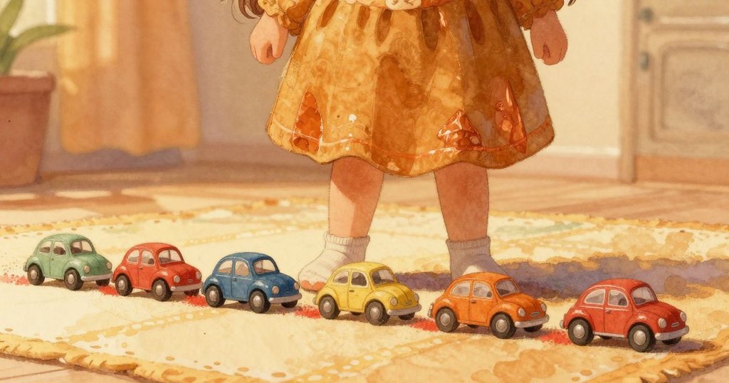 妮娜的襪子腳步輕輕踏過豐富紋理的遊戲墊，旁邊擺有玩具小車，殘留紅塵，傳達探索情景