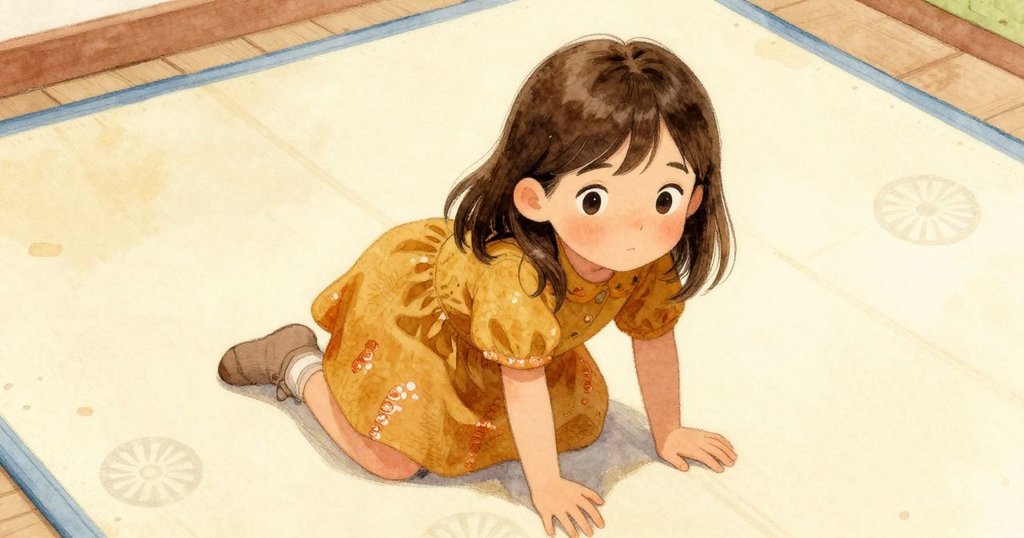 從高處俯視遊戲墊，細微車輪痕跡、藍色車條紋及蠟筆灰塵在光線下閃爍，傳達探索進展