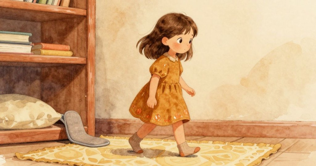 妮娜緩緩轉身離開，襪子在遊戲墊上滑動，靠枕邊緣隨風輕擺，室內暖光下展現告別與平靜