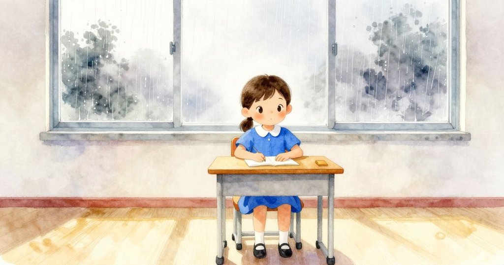 在早晨薄霧中,Greta 坐在明亮教室桌前,凝視窗外細雨,表情靜謐而思索。