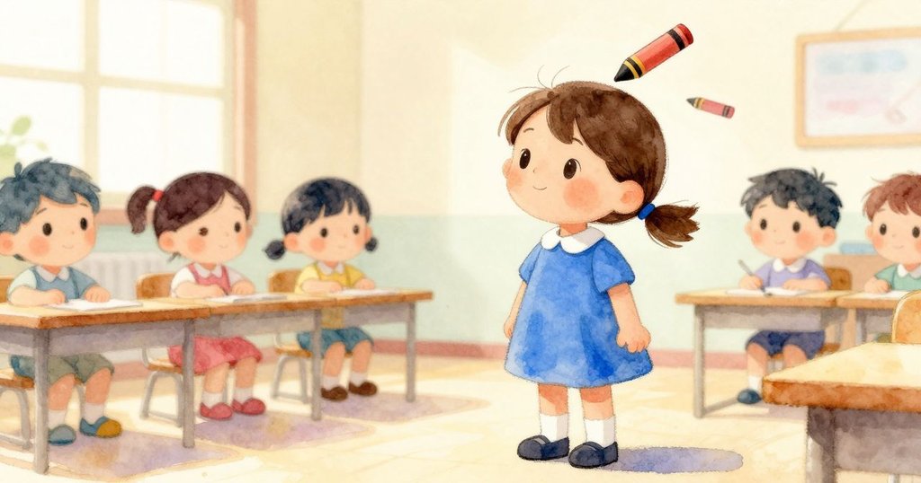 在教室中,輕風吹起一片蠟筆包裝紙,緩緩飄向並落在 Greta 頭髮上,充滿輕快和俏皮。