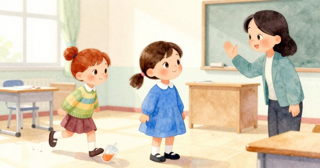 在教室中,塑料杯輕觸 Greta 鞋子後滾回罐中,老師微笑揮手問候,場面溫馨而動感。