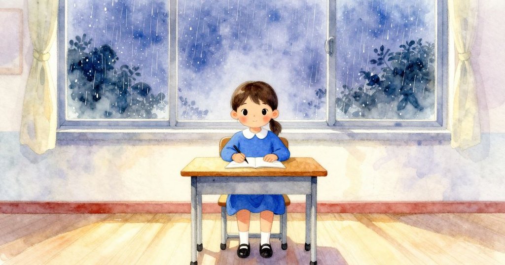 在傍晚柔光中,Greta 靜坐桌前思索,窗外雨聲輕敲,畫面平和且溫馨,結束一天故事。