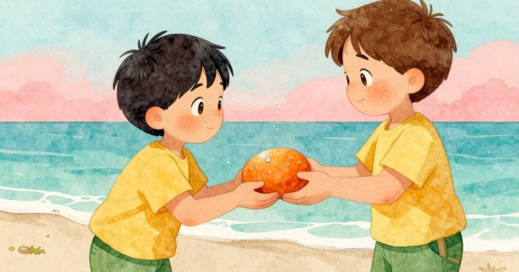 男孩Yorick正專注地檢視手中的橙色卵石, 特寫展現水滴細節, 帶著好奇神情, 背景略顯模糊。