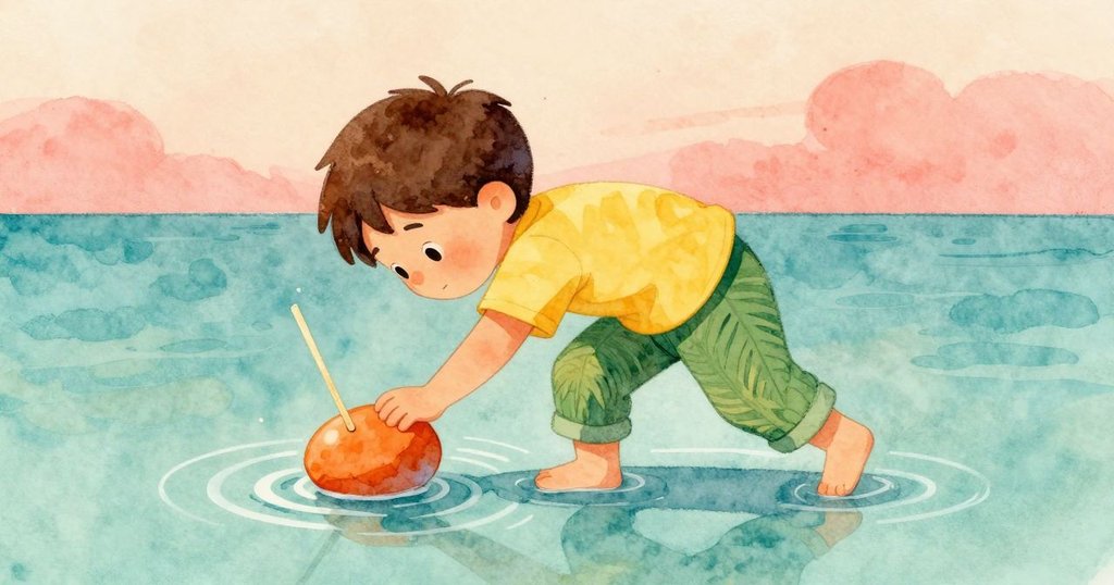 男孩Yorick用小棍子輕推橙色卵石, 歪斜視角捕捉流水蕩漾, 展現出專注與愉悅表情, 背景花園生動。