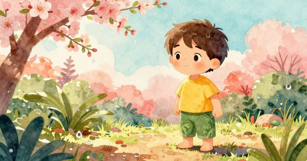 男孩Yorick凝視花園中融化的露珠與盛開花朵, 明亮陽光下展現自然美景, 表情充滿驚奇與寧靜。