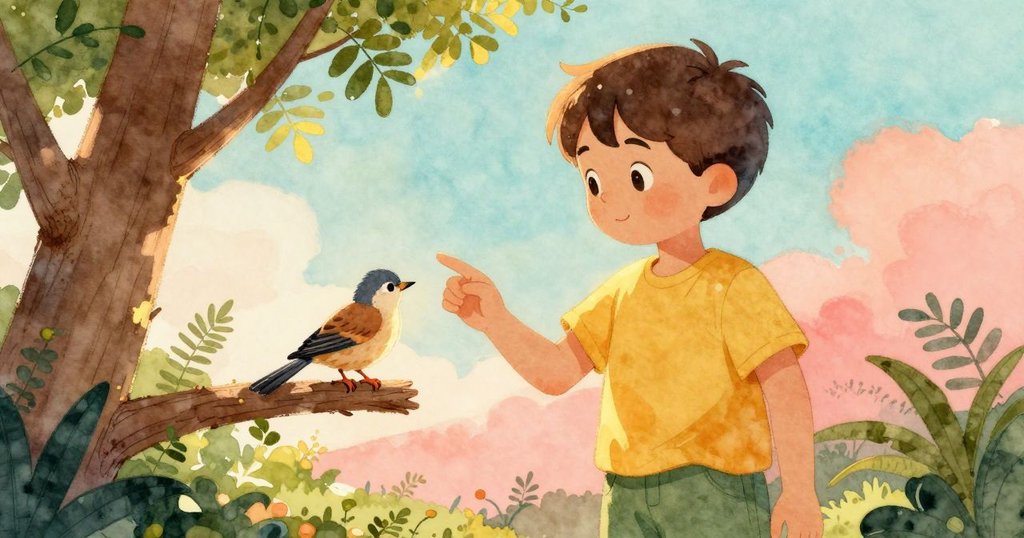 男孩Yorick溫柔地與樹枝上小鳥互動, 伸手邀請的場景充滿友善與暖意, 背景為盛開花朵與柔光。