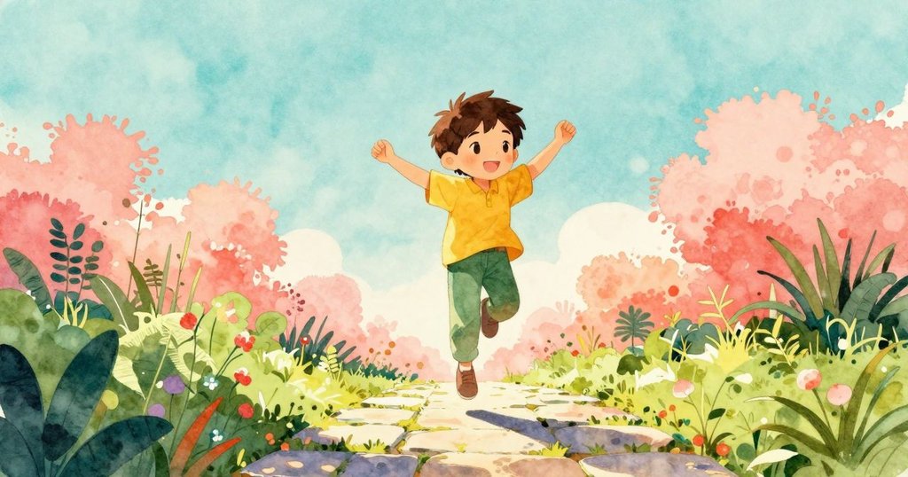 男孩Yorick高興地將橙色卵石裝入口袋, 跳躍於蜿蜒石徑上, 向花園微笑告別, 充滿溫暖與活力。