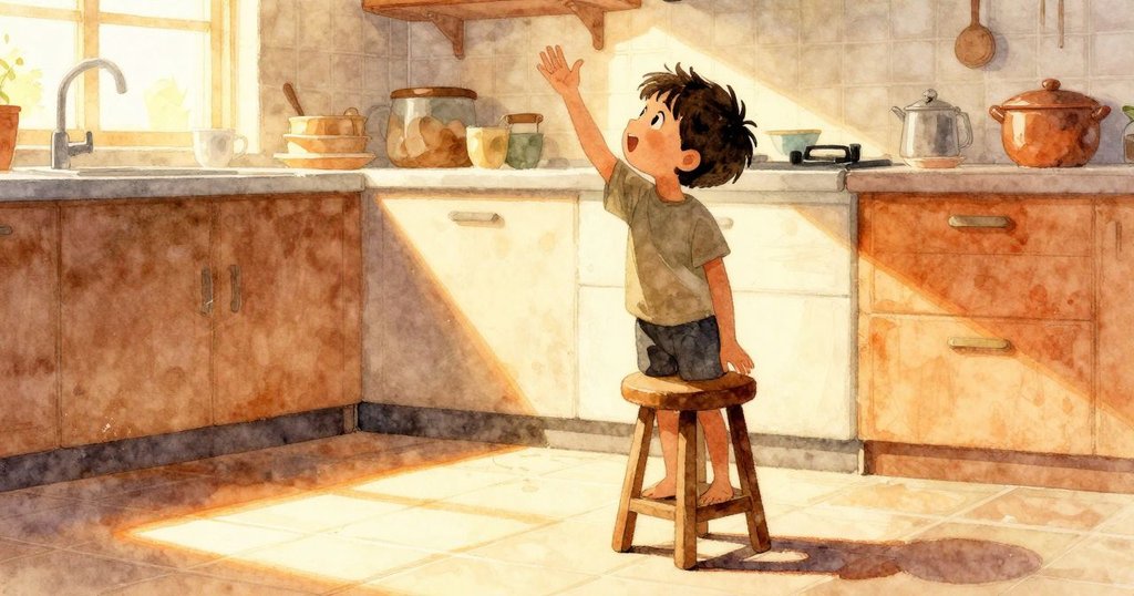 喬爾站在凳子上，清晨的陽光灑在瓷磚和杯子上，臉上充滿自信與期待